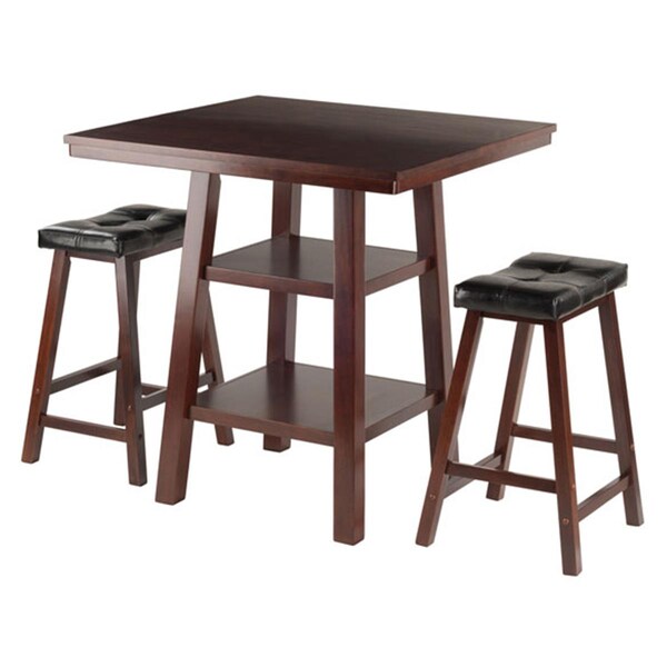 Winsome Trading 3 Piece Orlando High Table 2 Shelves with 2 Cushion Seat Stools Set, Walnut 94362 - main